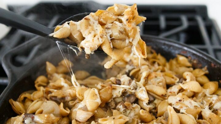French onion pasta - A black cast iron pan filled with shell noodles and caramelized onions.